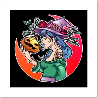 Halloween Cute Witch With Pumpkin and the Moon Posters and Art